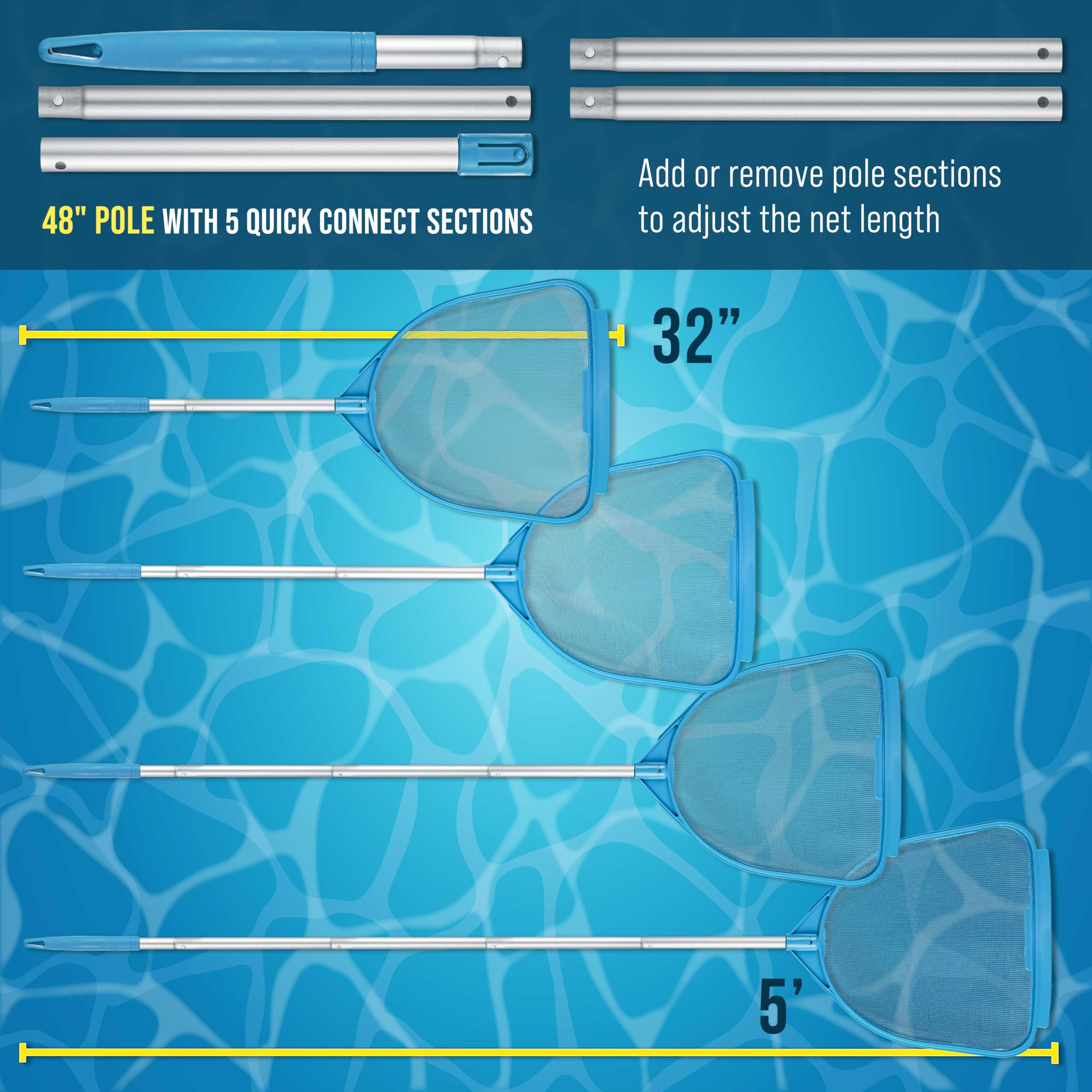 US Pool Supply extension capability enables comfortable cleaning of large ponds and pools.