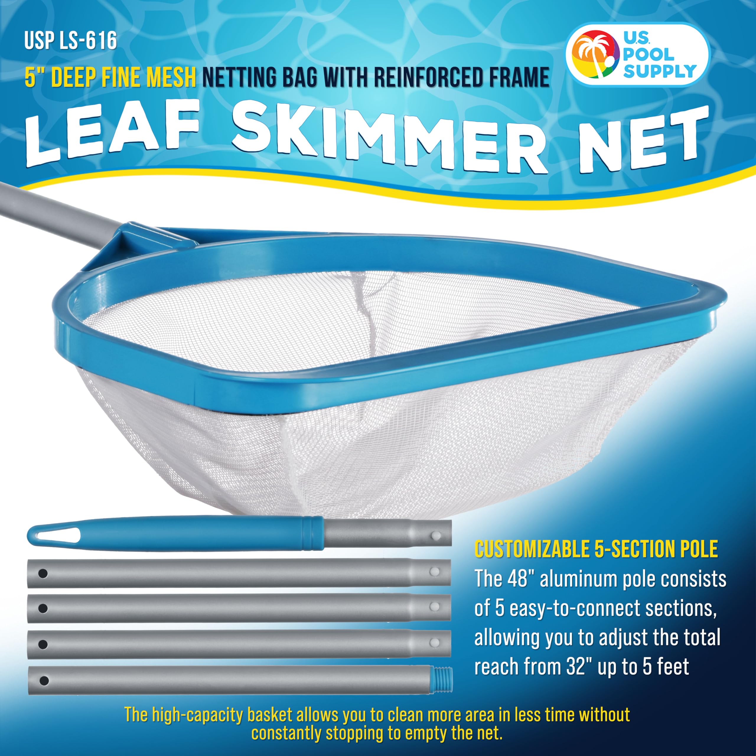 U.S. Pool Supply 5-section pole adjustable length enables compact storage and extended reach.