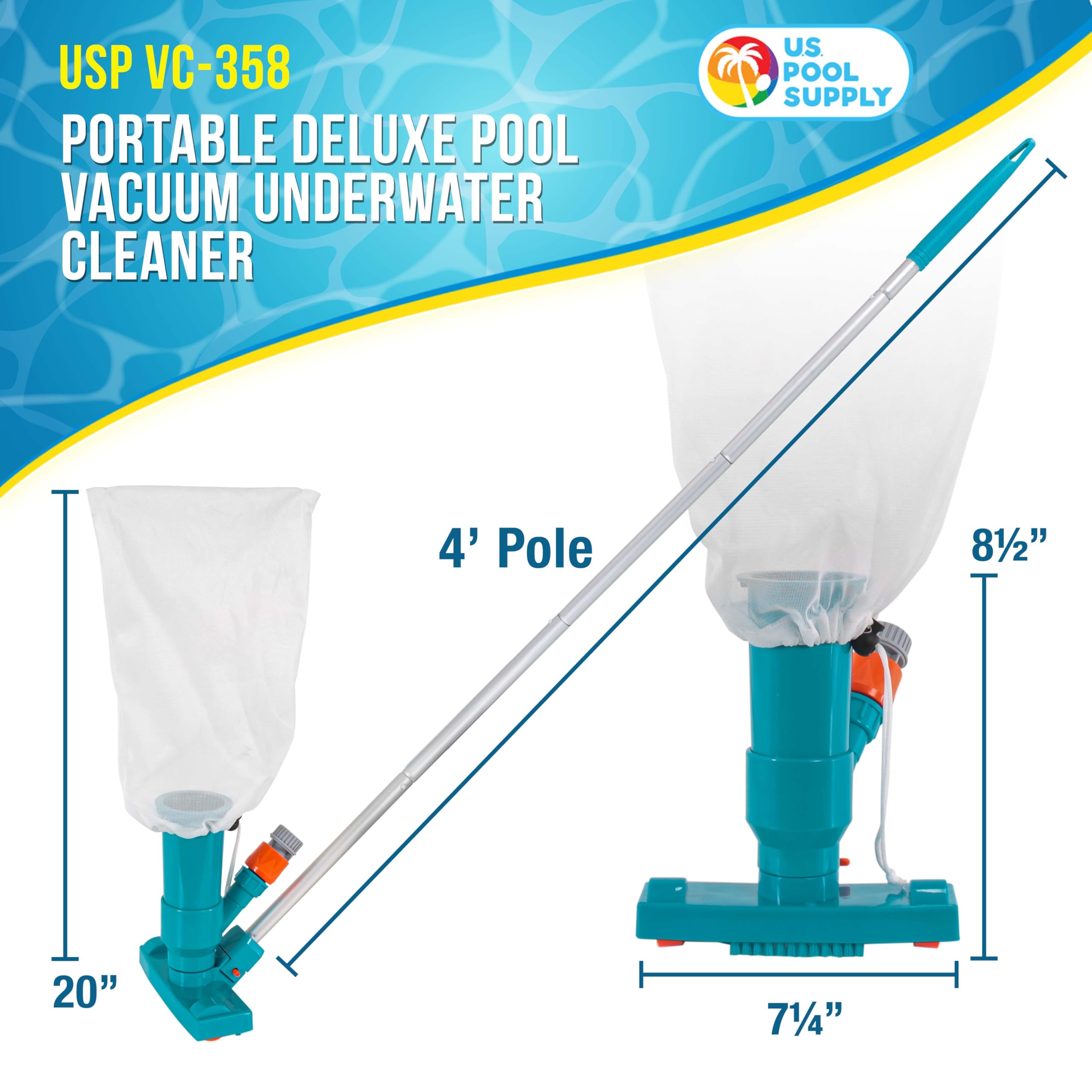 U.S. Pool Supply vacuum with a 5-section pole ready for pool cleaning.