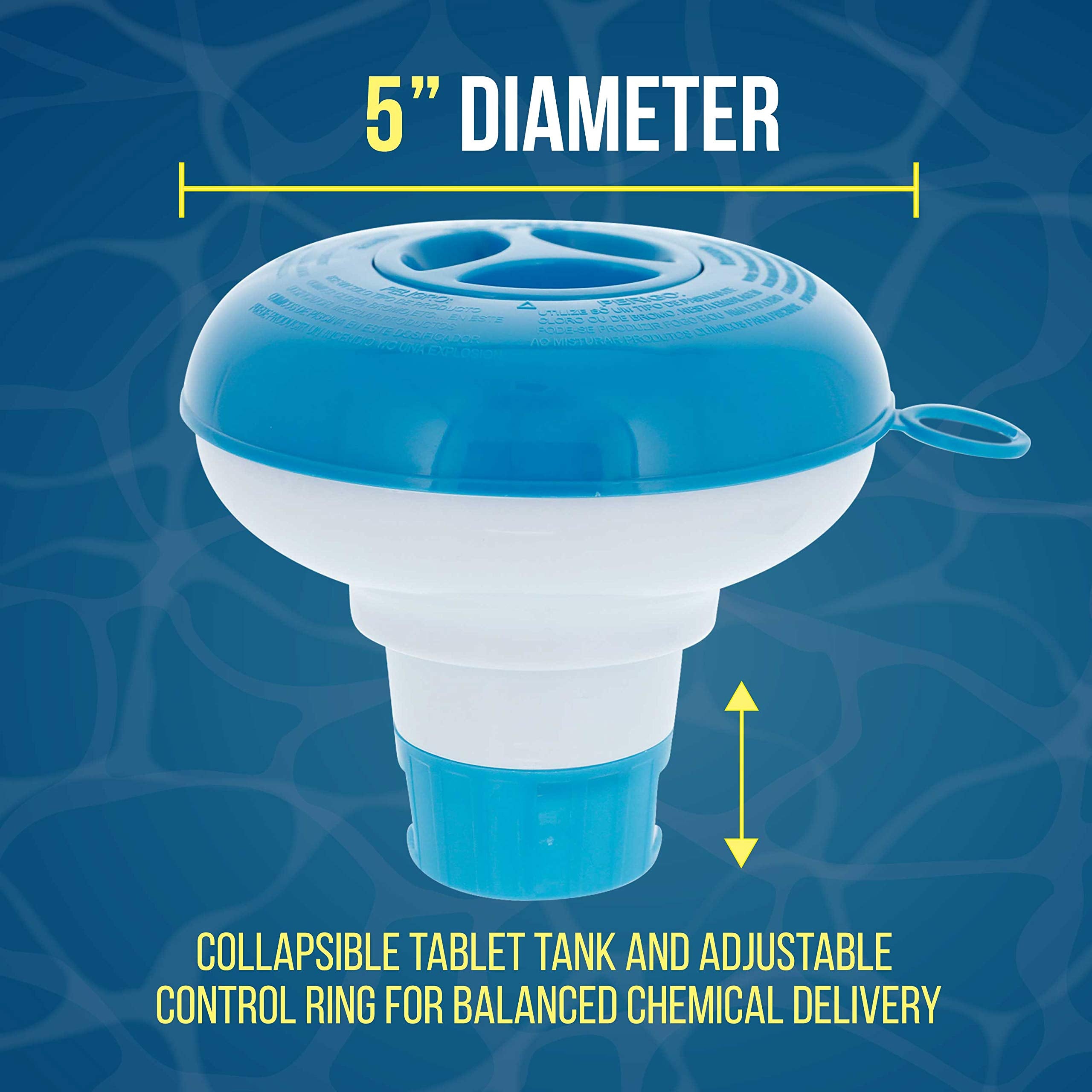 US Pool Supply adjustable control ring allows balanced tablet release.
