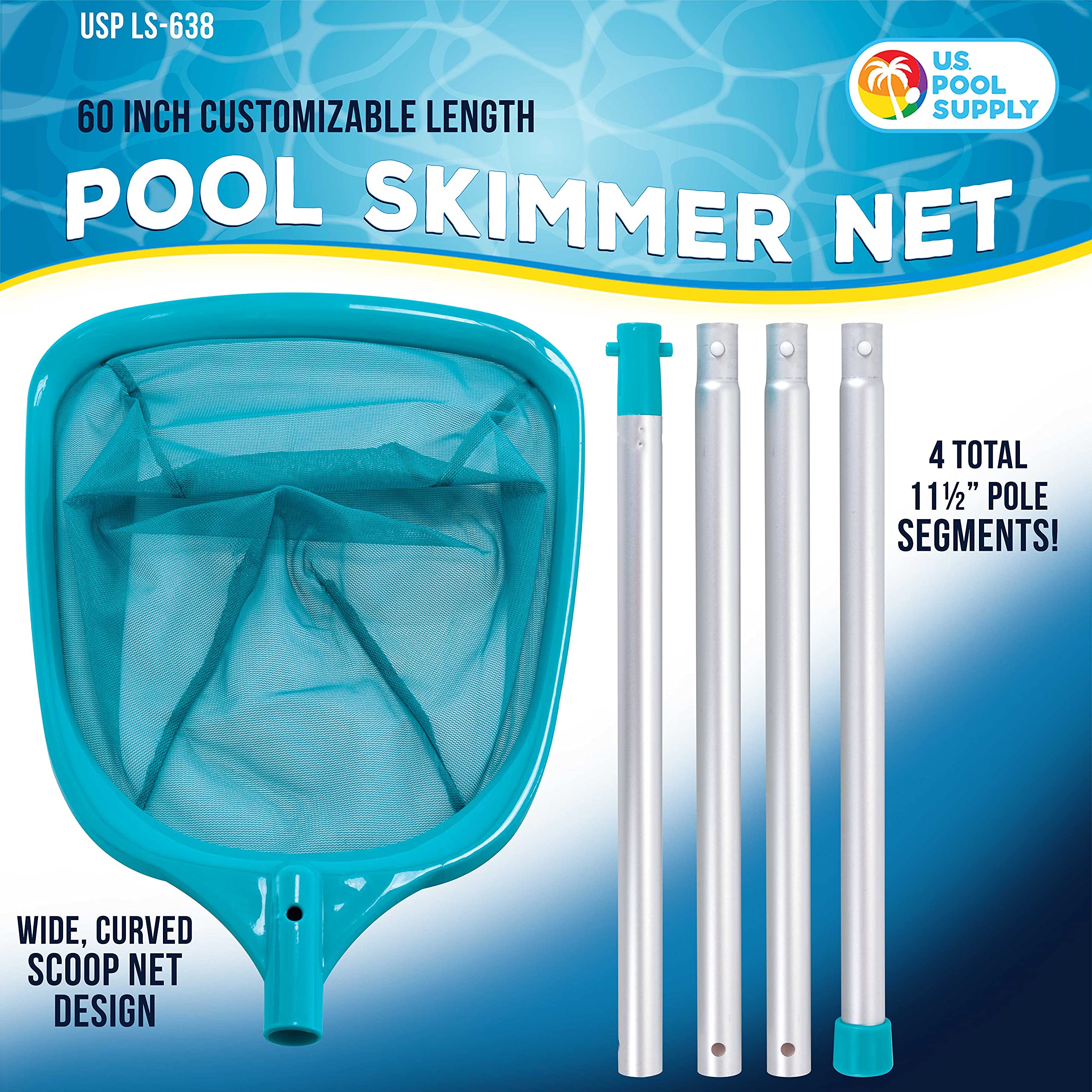 US Pool Supply aluminum pole with four sections adjusts length for pools.