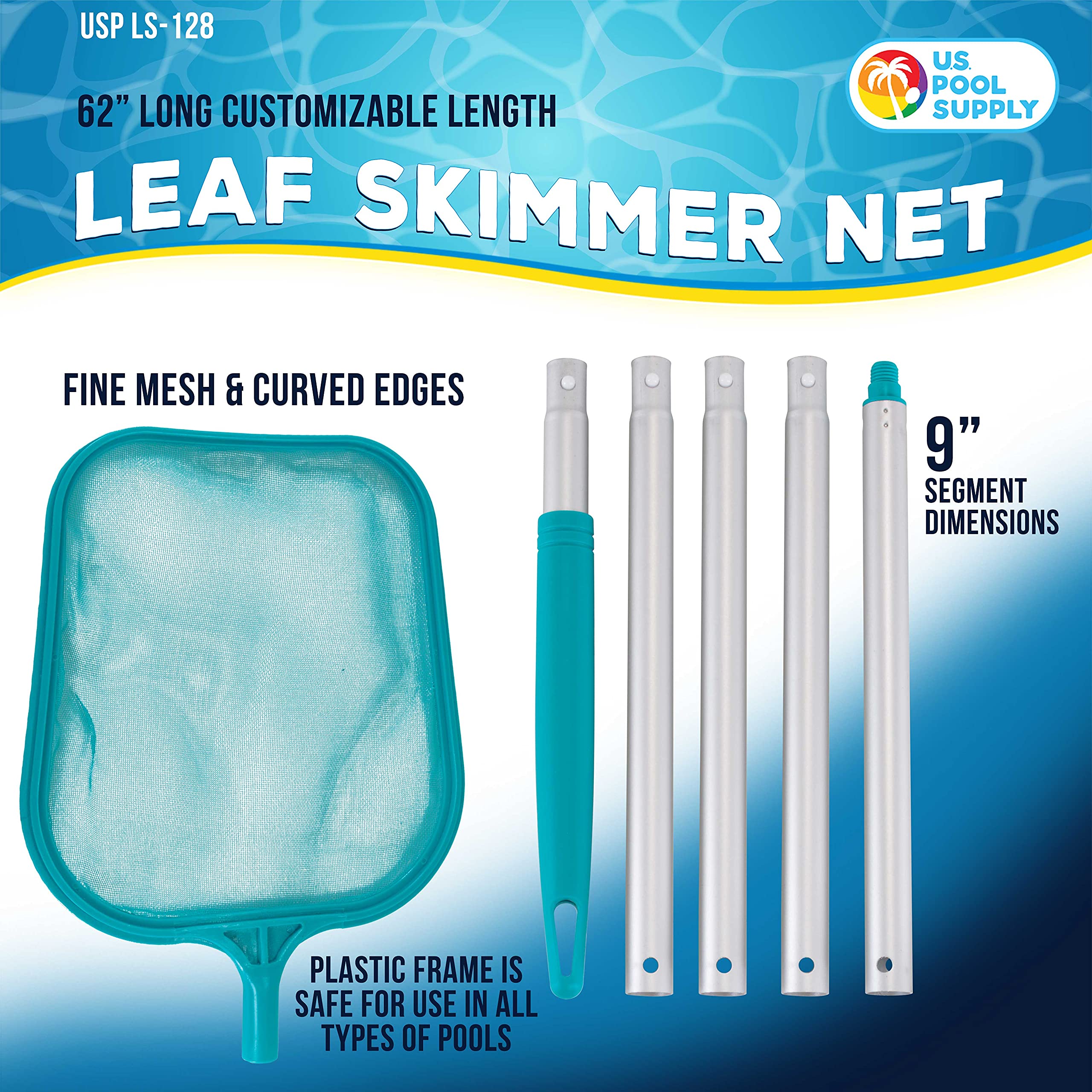 U.S. Pool Supply aluminum pole with four sections for adjustable length.