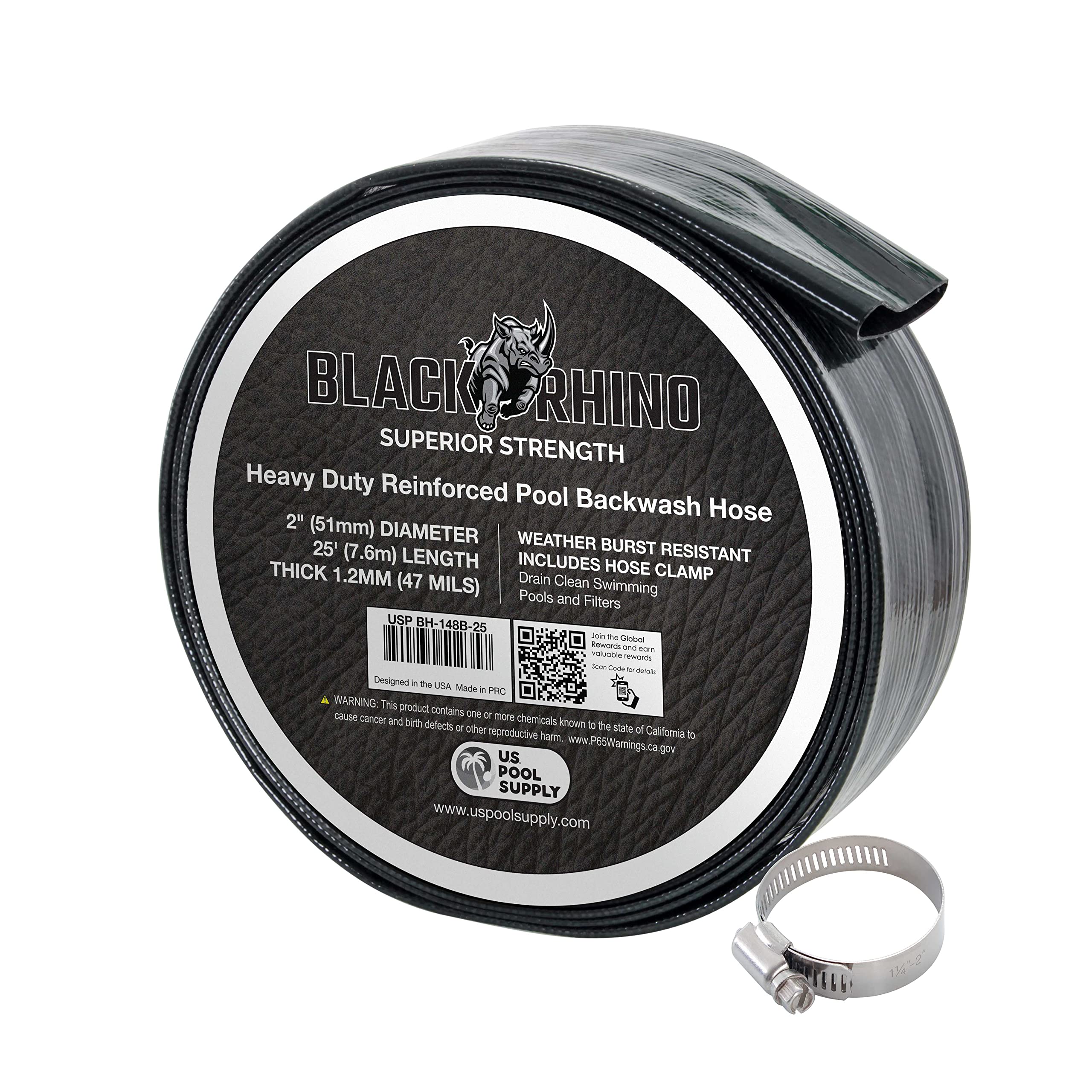 US Pool Supply backwash hose, 2-inch diameter, 25-foot length for pool drainage and backwashing.