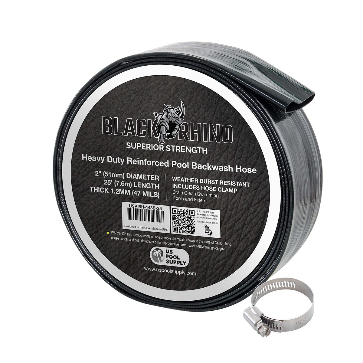 US Pool Supply backwash hose, 2-inch diameter, 25-foot length for pool drainage and backwashing.