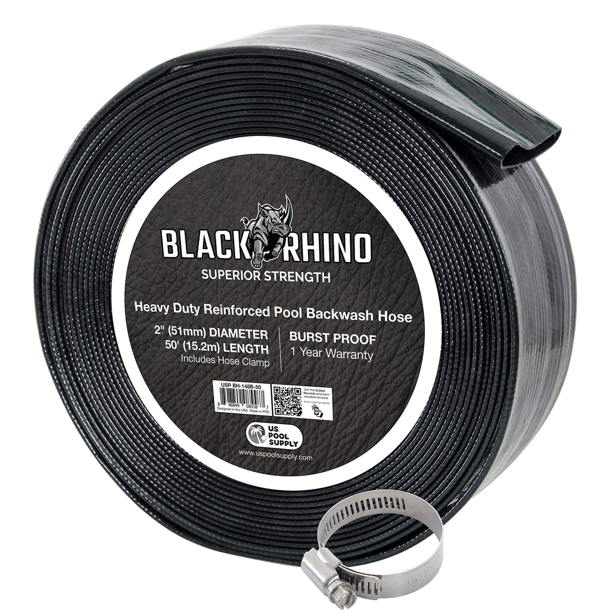 US Pool Supply backwash hose 2in 50ft coiled for easy pool drainage.