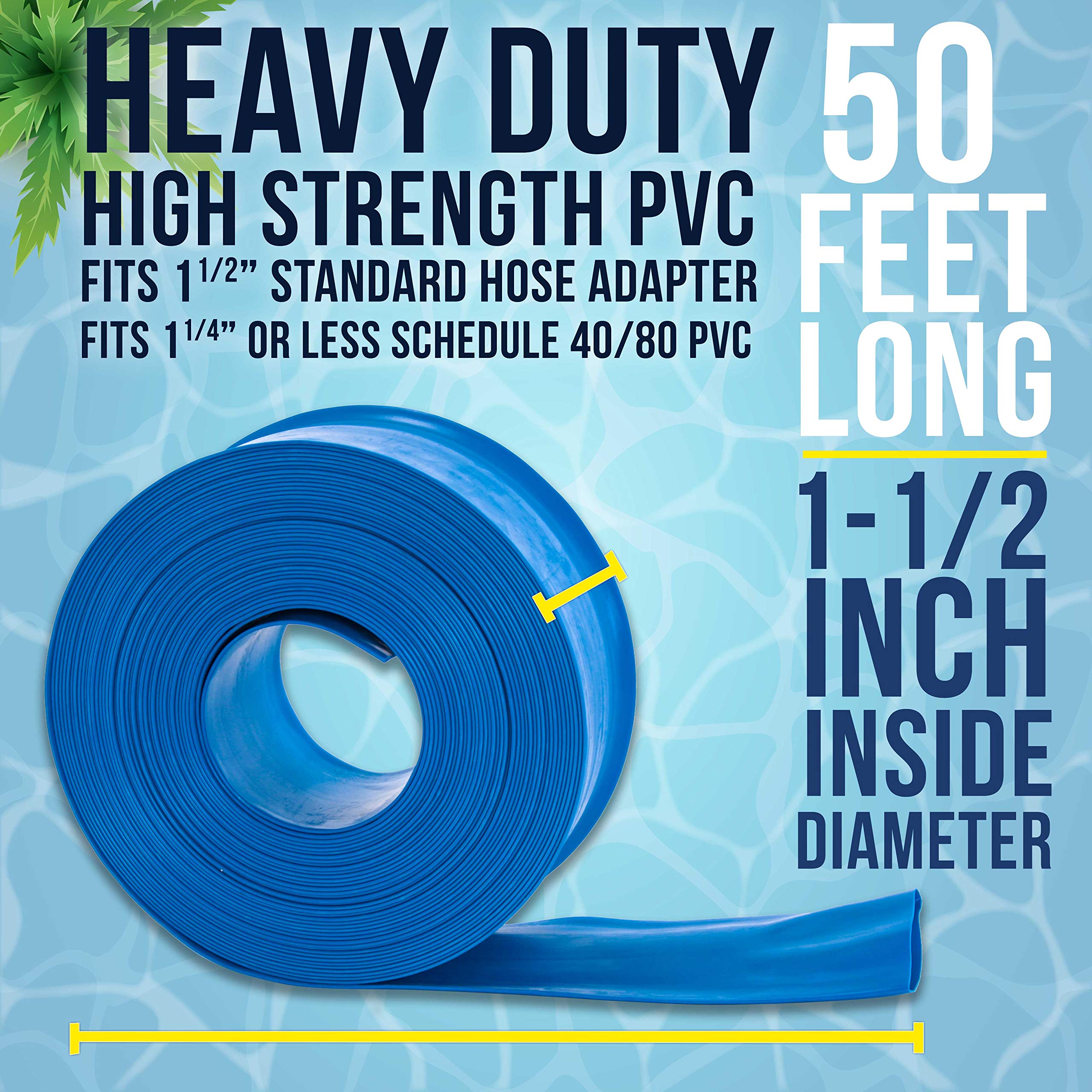 Lay-flat design of U.S. Pool Supply backwash hose for easy storage.