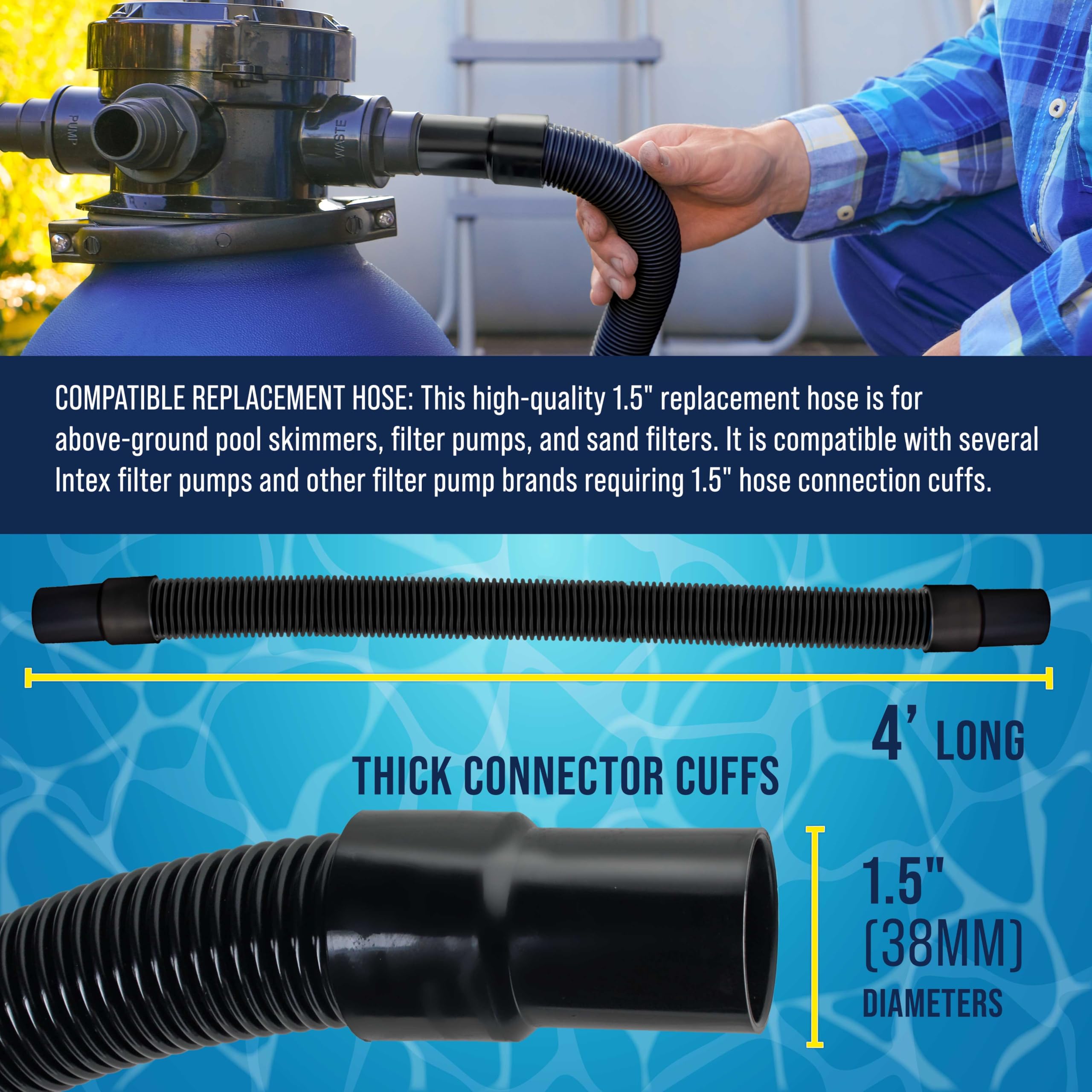 U.S. Pool Supply black hose with thick cuffs ensures a tight fit.