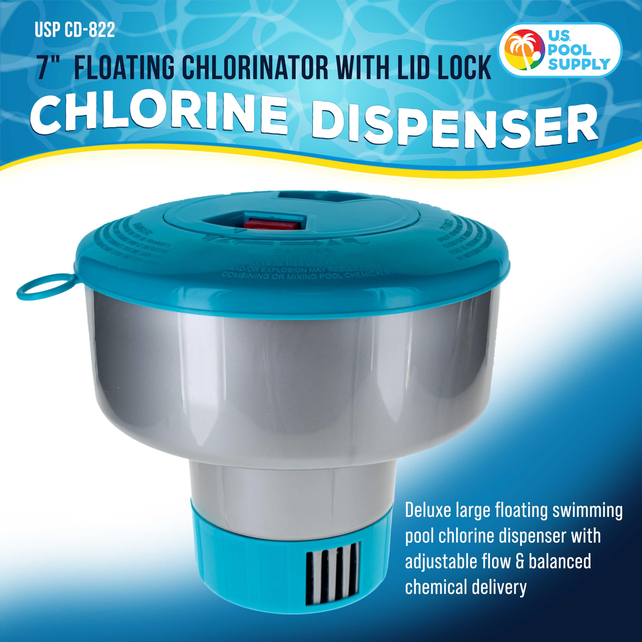Secure lid-lock on U.S. Pool Supply chlorine floater prevents spills during pool use
