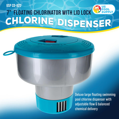 Secure lid-lock on U.S. Pool Supply chlorine floater prevents spills during pool use