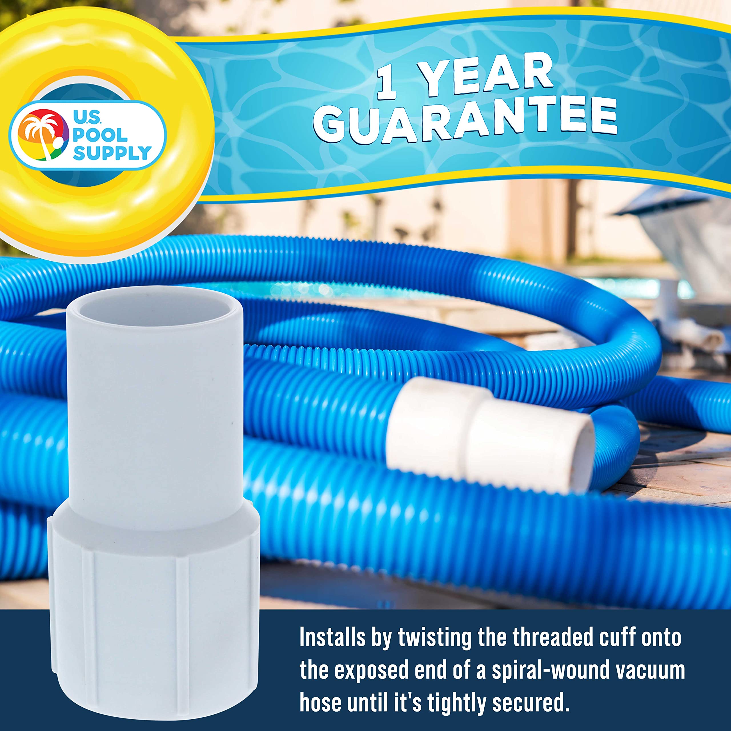 US Pool Supply cuff connects to vacuum head or skimmer inlet for versatile cleaning