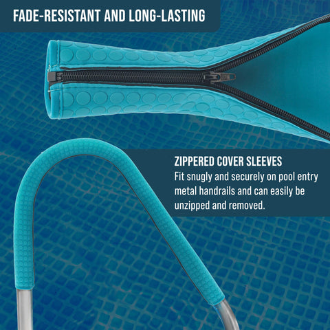 Fade-resistant teal neoprene sleeve on pool rail maintaining color