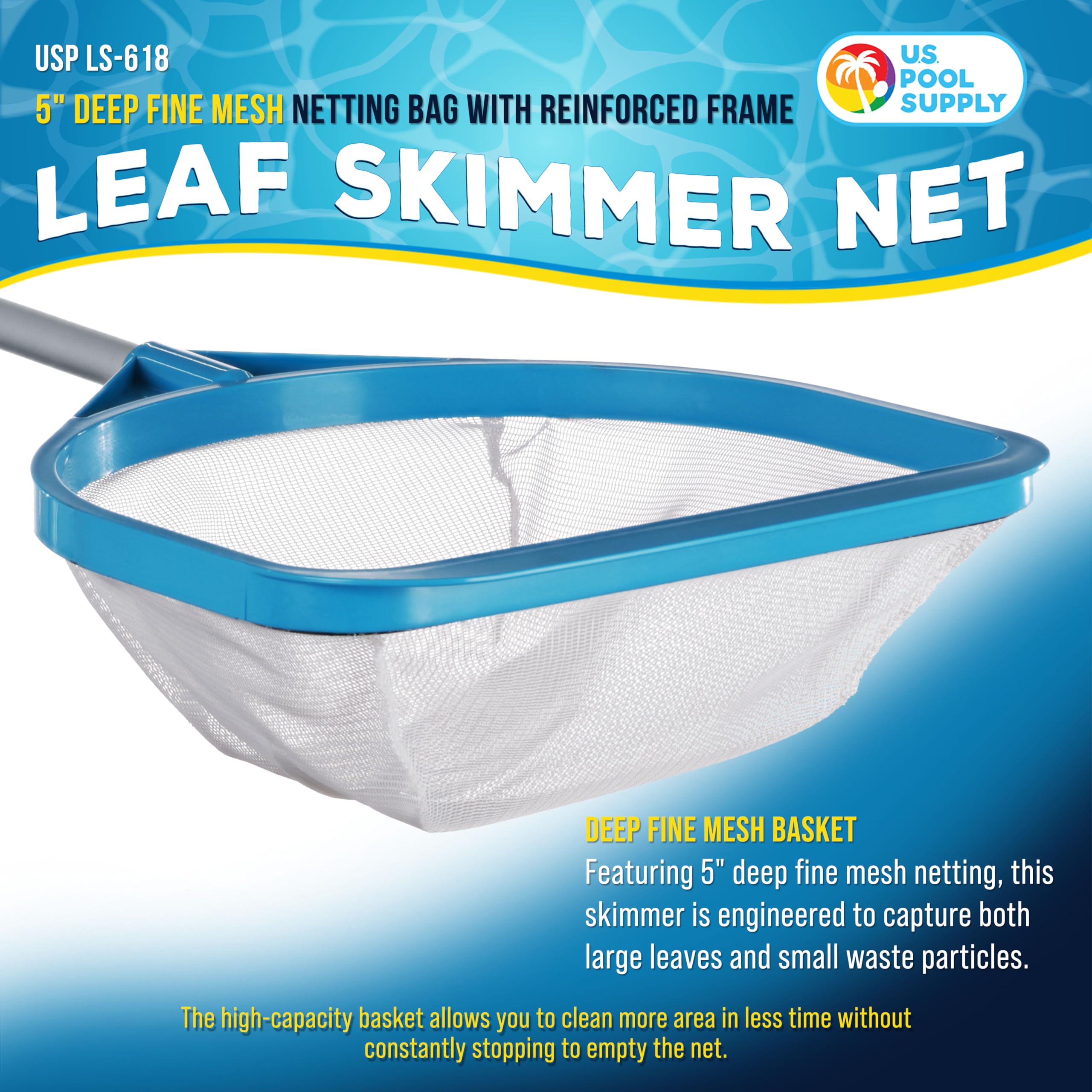 US Pool Supply fine-mesh skimmer basket captures small debris during maintenance