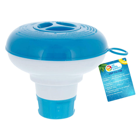 US Pool Supply floating dispenser with 5-inch diameter for easy 1-inch tablet delivery.