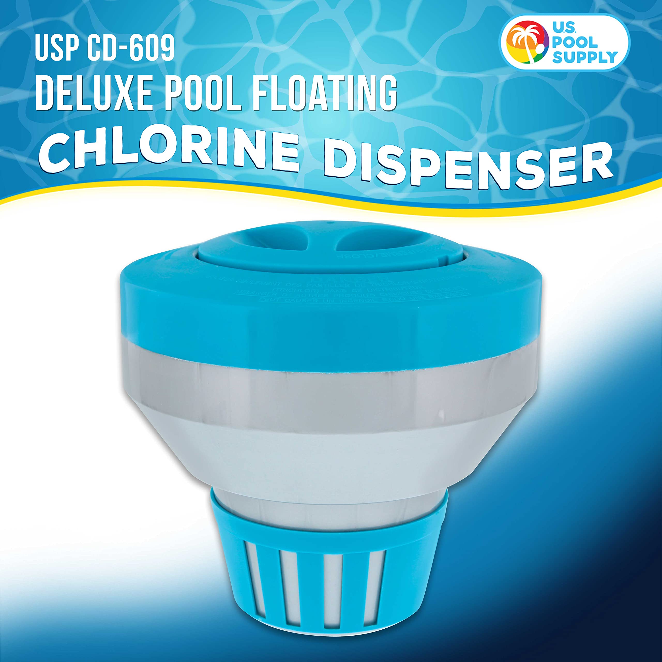 U.S. Pool Supply Floating Dispenser featuring adjustable flow for balanced chemical delivery.