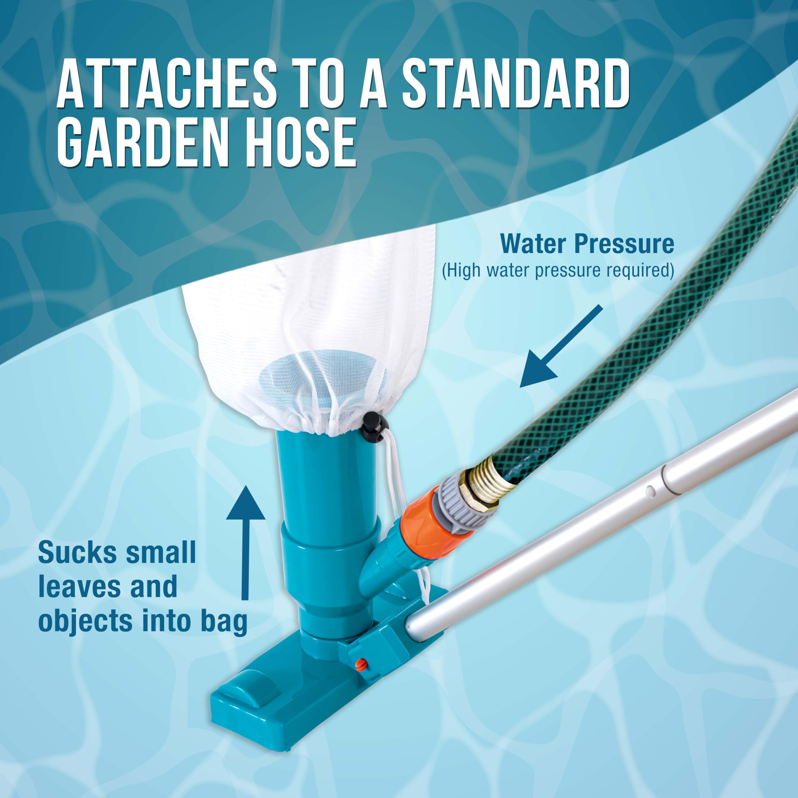 U.S. Pool Supply venturi action cleans debris with garden hose suction.