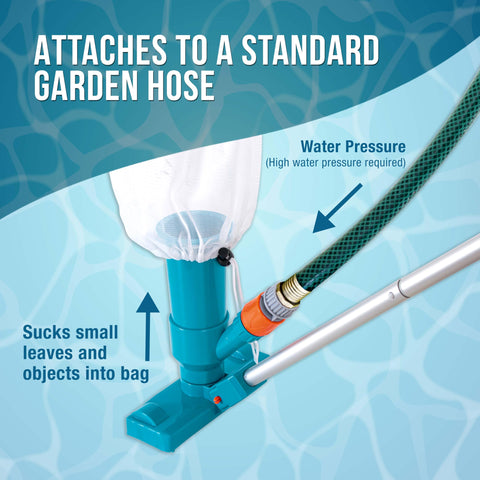 U.S. Pool Supply venturi action cleans debris with garden hose suction.