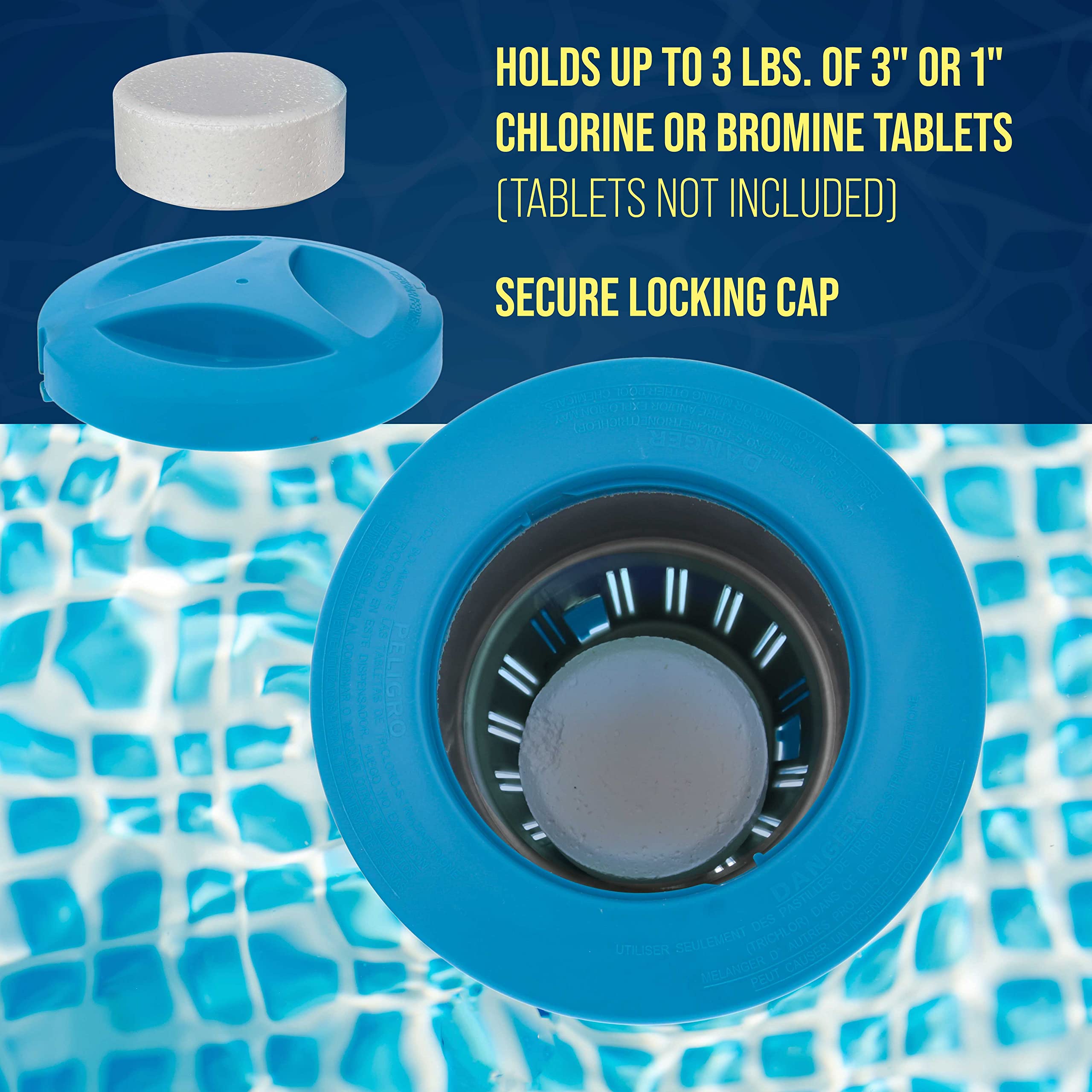 Heavy-duty chlorine tablet floater holds up to three pounds for long-lasting treatment.