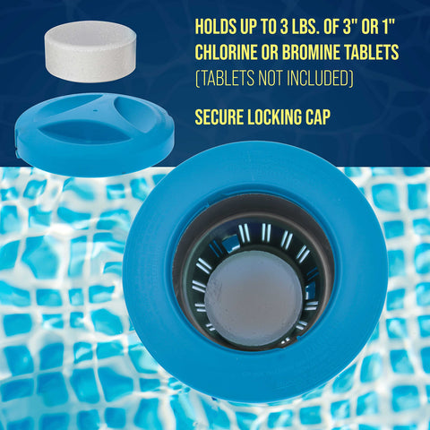 Heavy-duty chlorine tablet floater holds up to three pounds for long-lasting treatment.
