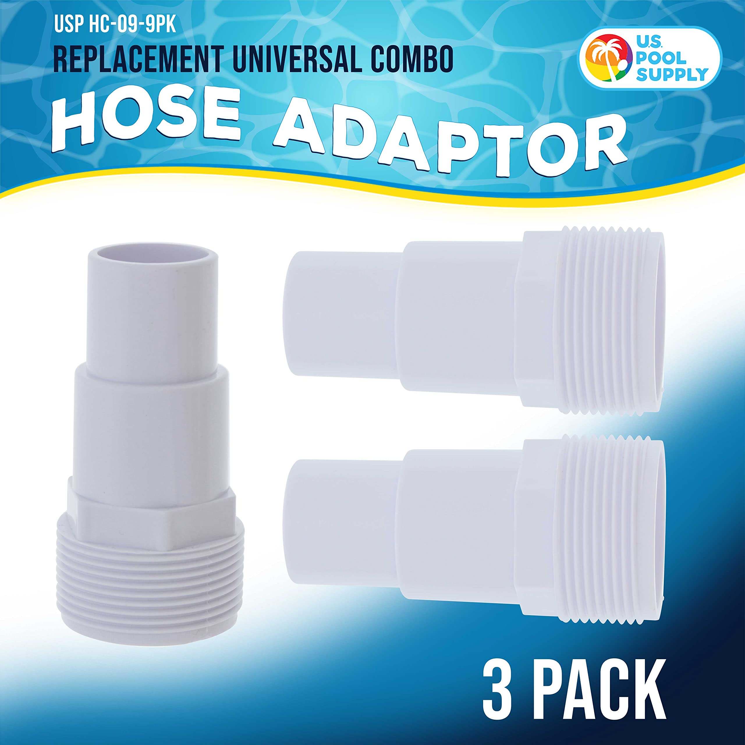 US Pool Supply hose adapter showing 1-1/2 to 1-1/4 inch connection for versatile hoses.
