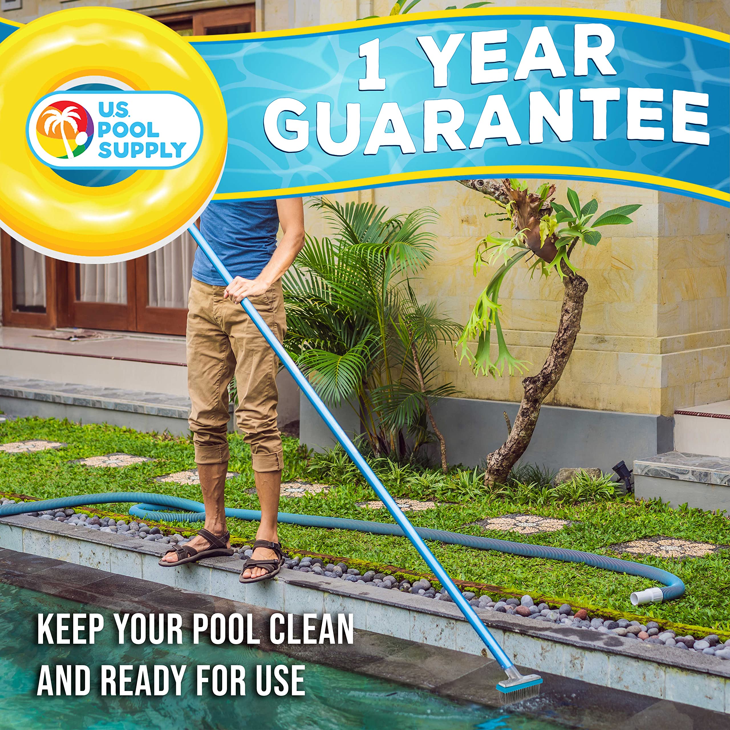 U.S. Pool Supply durable brush enables quick cleaning of inground concrete surfaces.