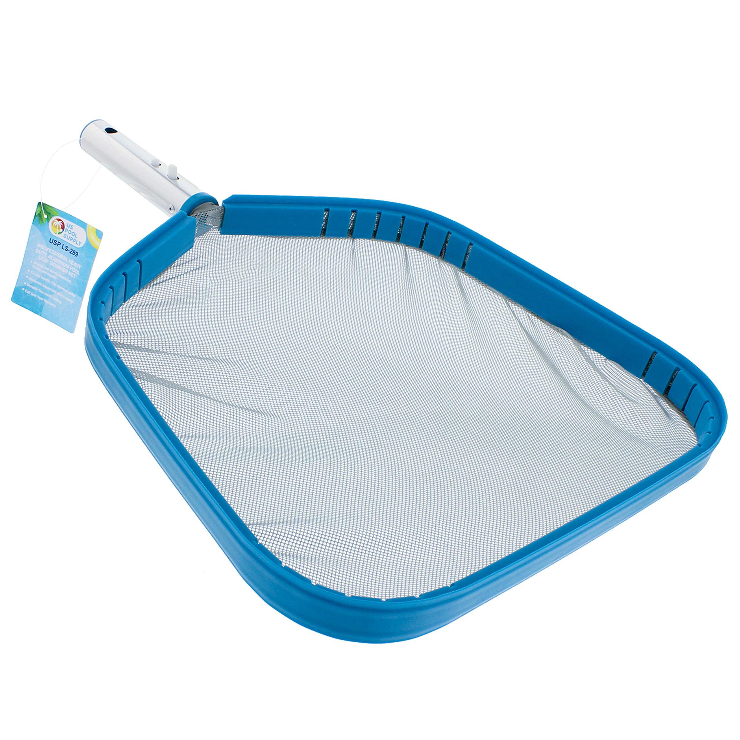 U.S. Pool Supply leaf skimmer with a 15-inch aluminum frame for fast debris pickup.