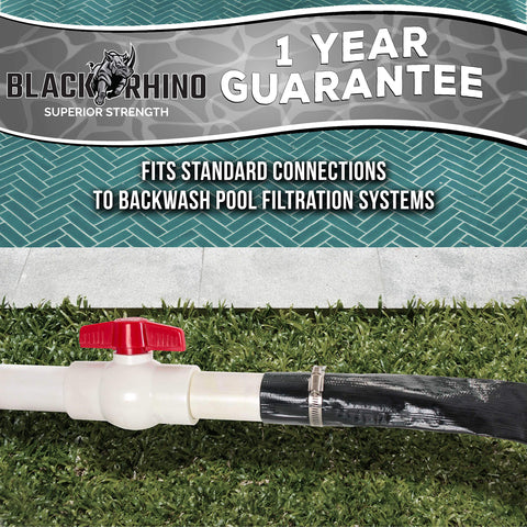 US Pool Supply durable lay-flat hose beside an outdoor pool area.