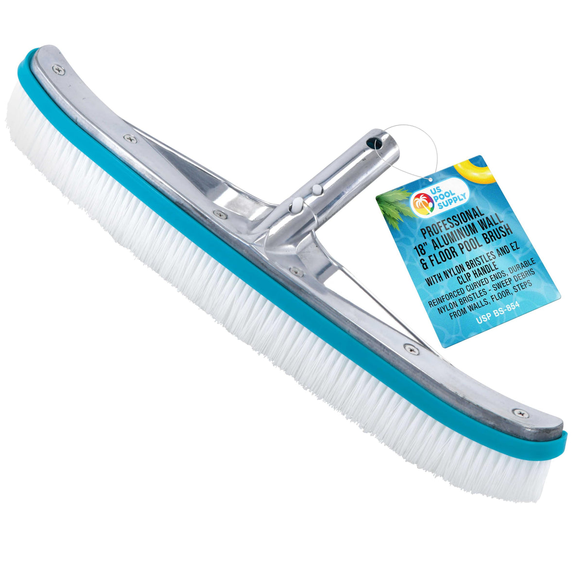 U.S. Pool Supply 18-inch pool brush head in use against pool wall and floor surfaces