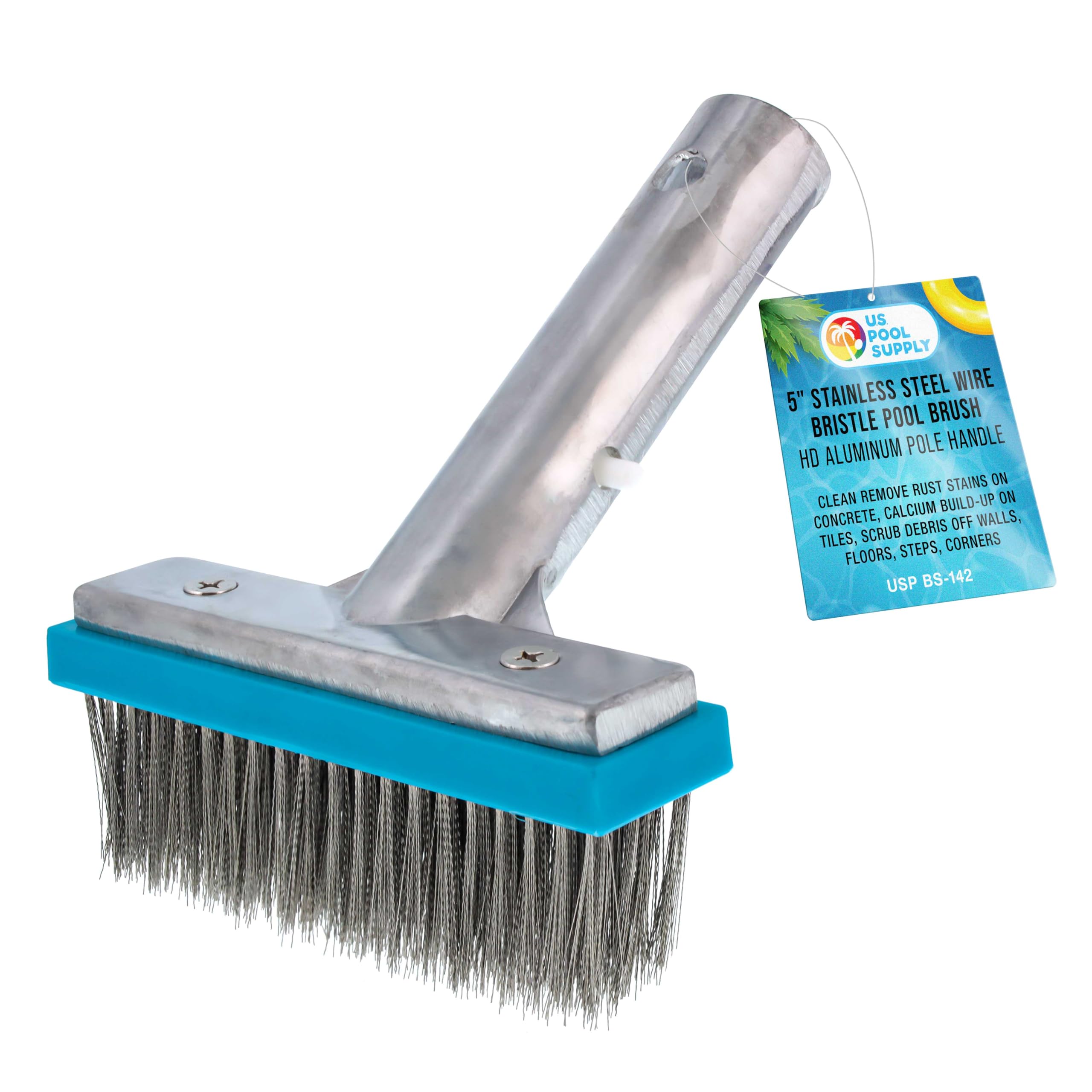 U.S. Pool Supply 5-inch stainless brush head removes calcium buildup from tiles.