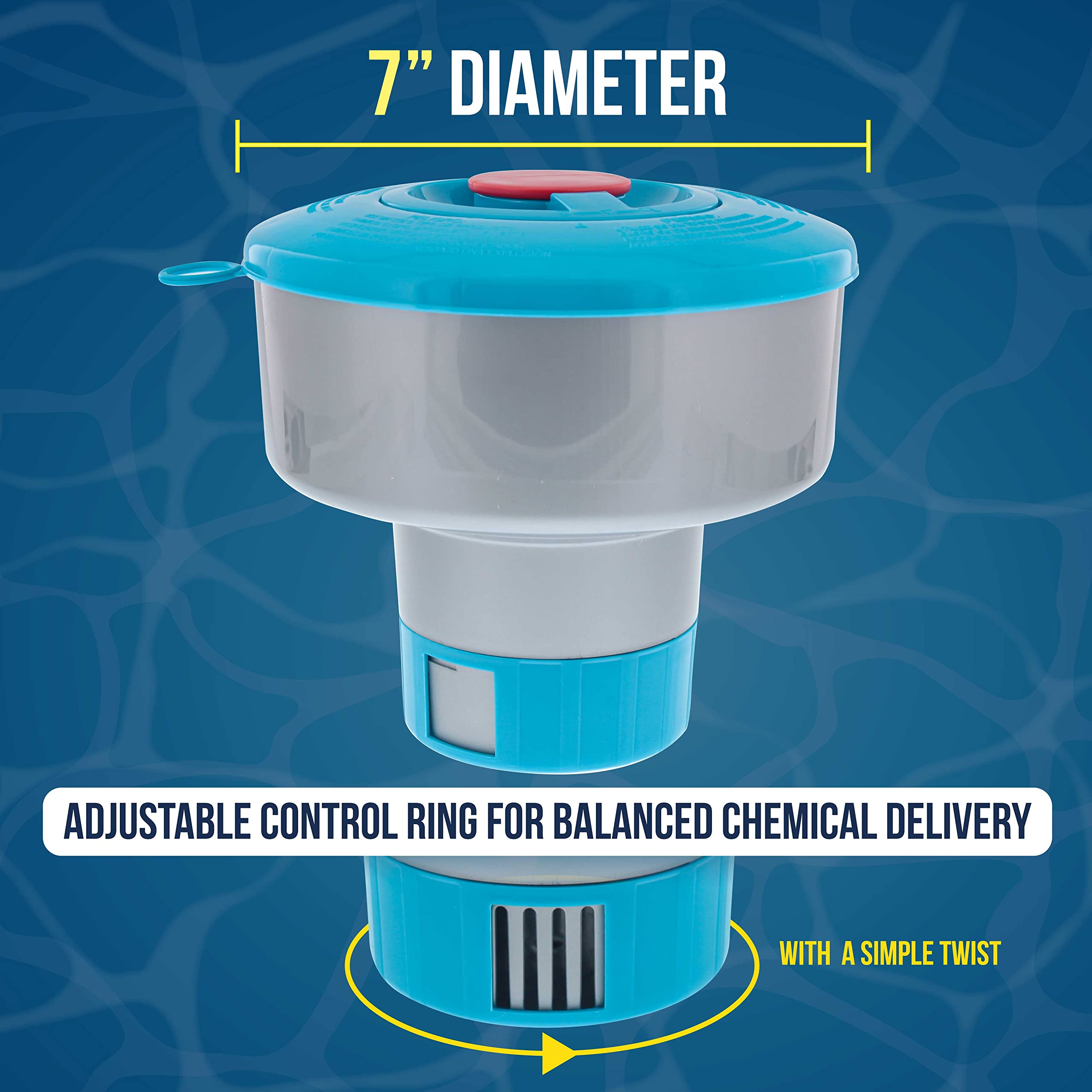 US Pool Supply floater holds 1- or 3-inch tablets for flexible dosing