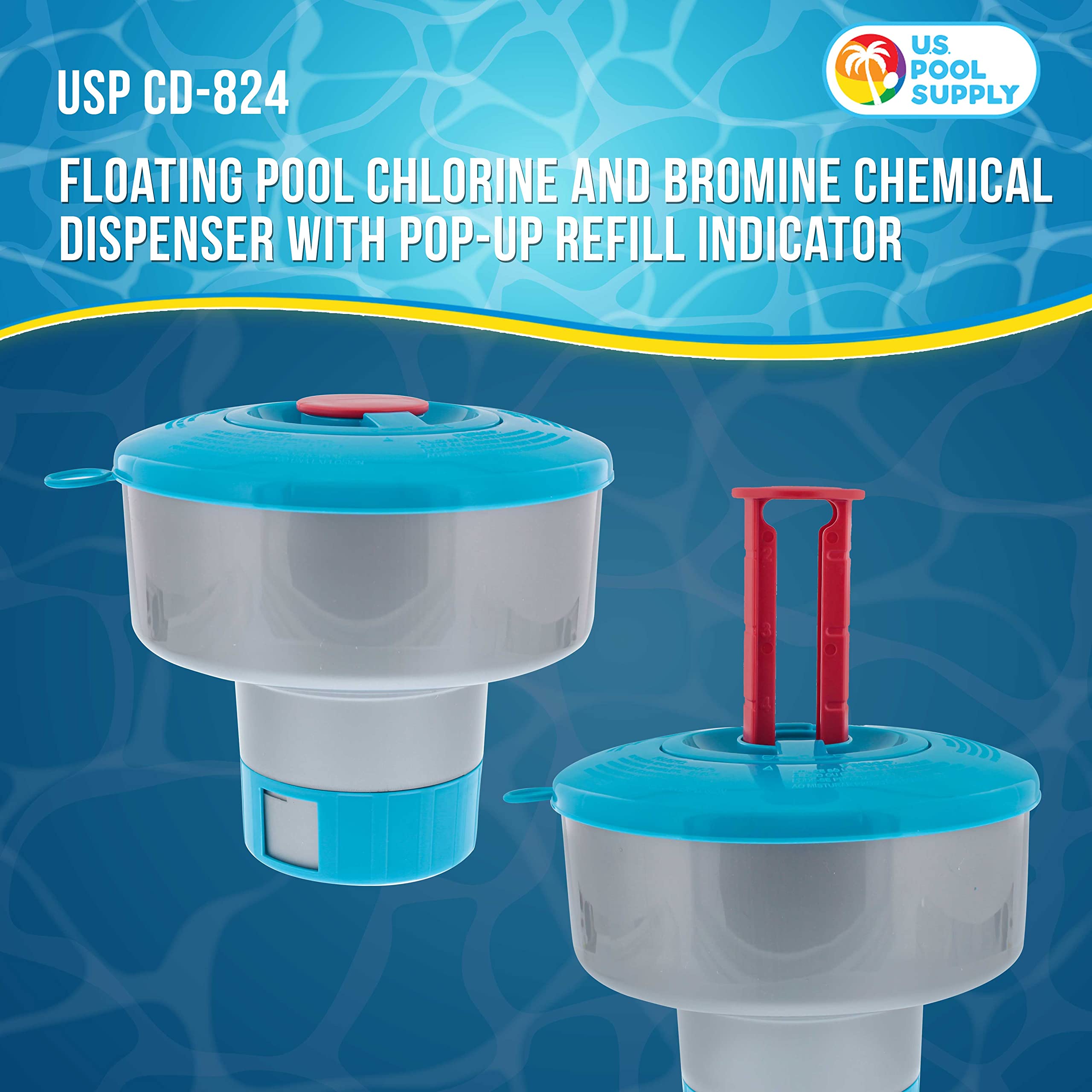 US Pool Supply chlorine floater refill indicator in use for easy maintenance