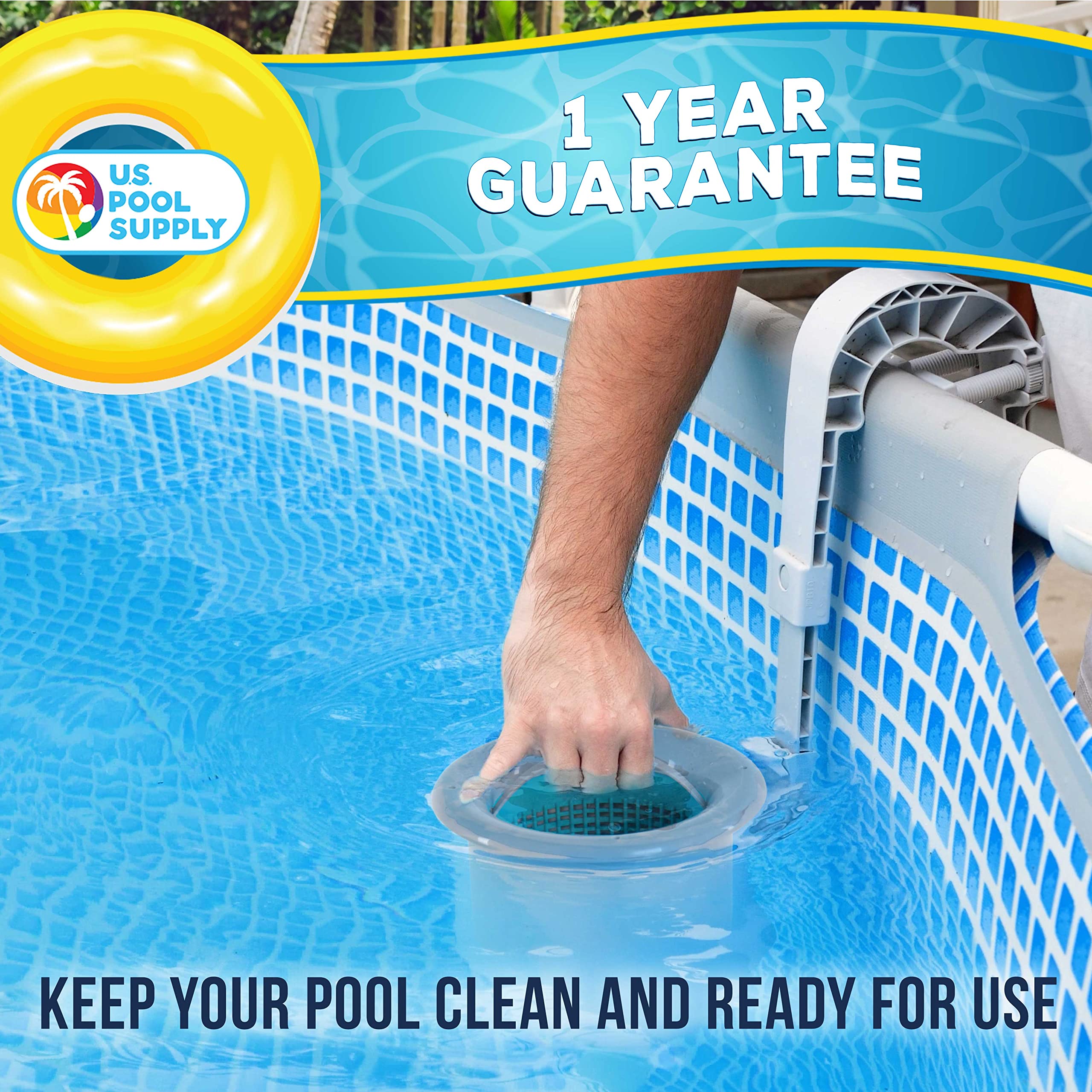 U.S. Pool Supply skimmer connects to pump for automatic surface cleaning.