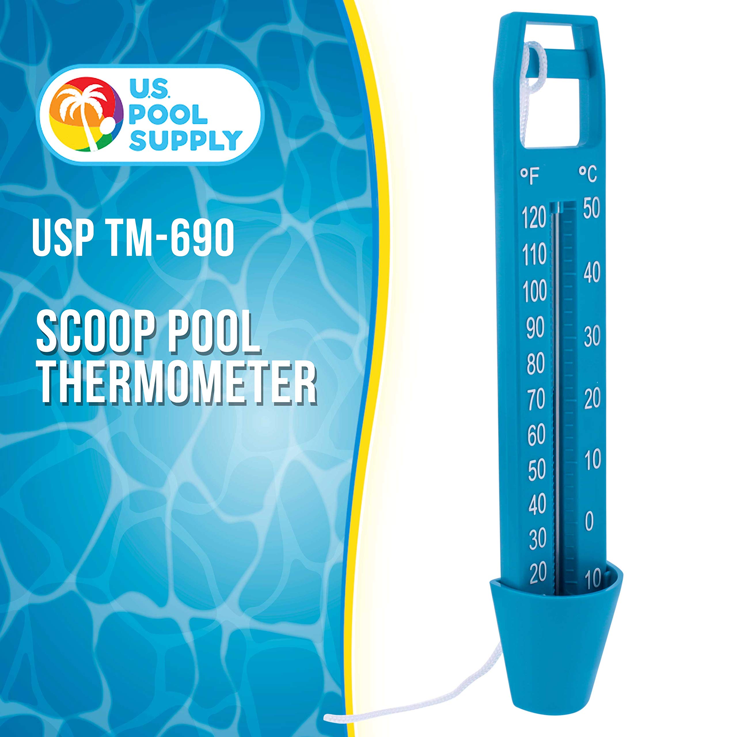 US Pool Supply submersible scoop thermometer in water for quick pool temperature reading