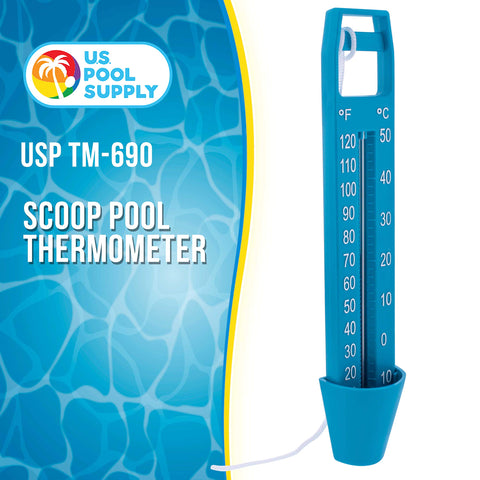 US Pool Supply submersible scoop thermometer in water for quick pool temperature reading