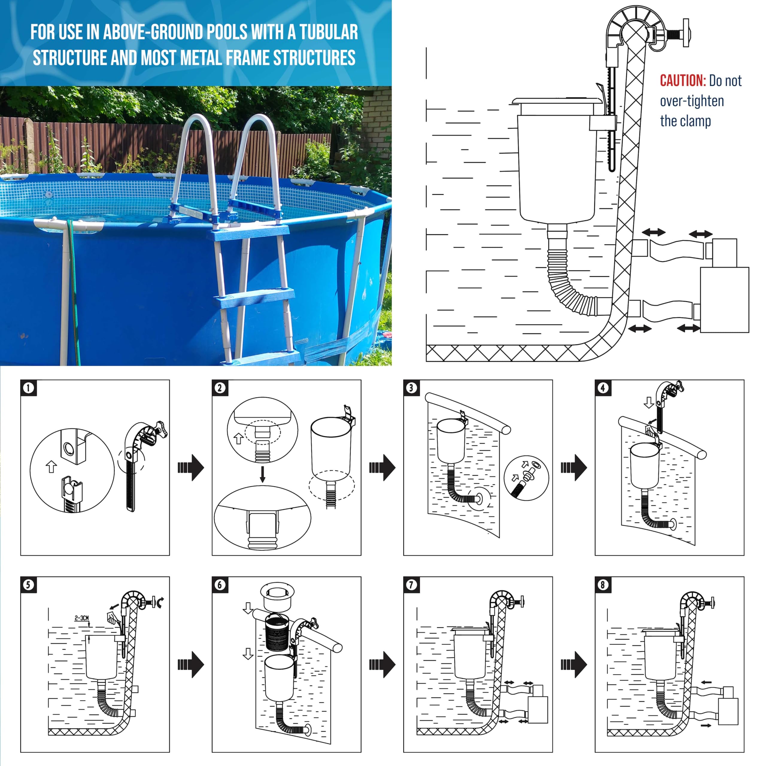 U.S. Pool Supply skimmer installation shows secure mounting with clamp.