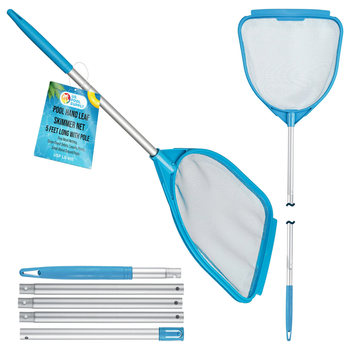 US Pool Supply skimmer net assembly shows a sturdy, lightweight frame for quick debris collection.