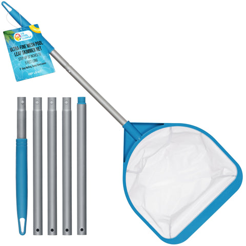 US Pool Supply skimmer net with extended pole reaching leaves and debris