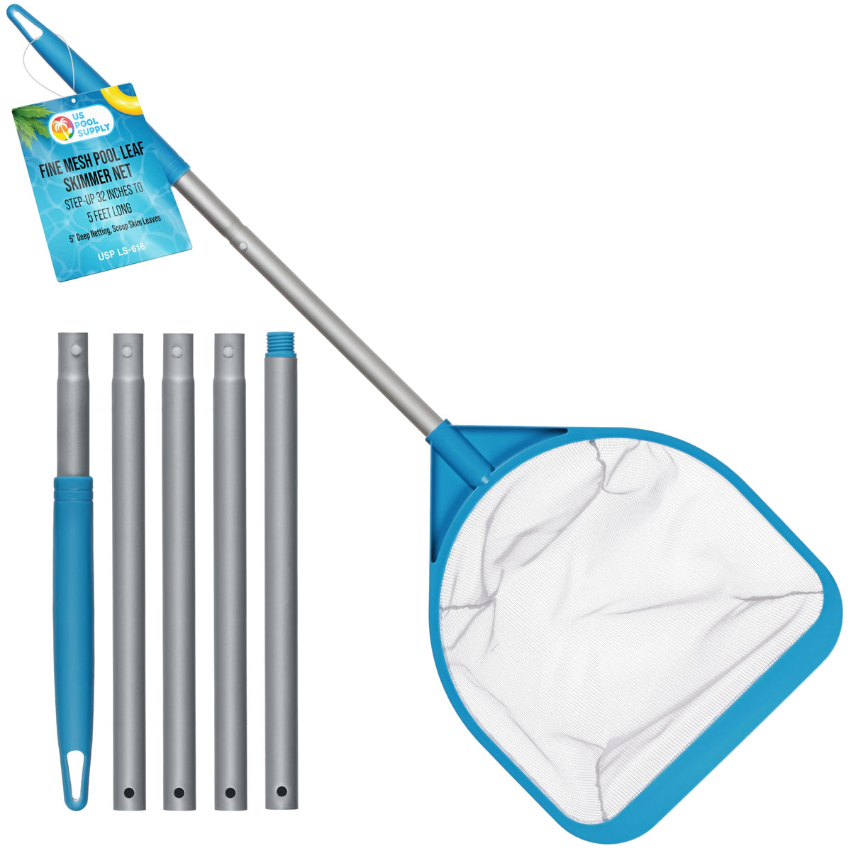 U.S. Pool Supply skimmer net pole assembly reaches distant spots for quick debris removal.