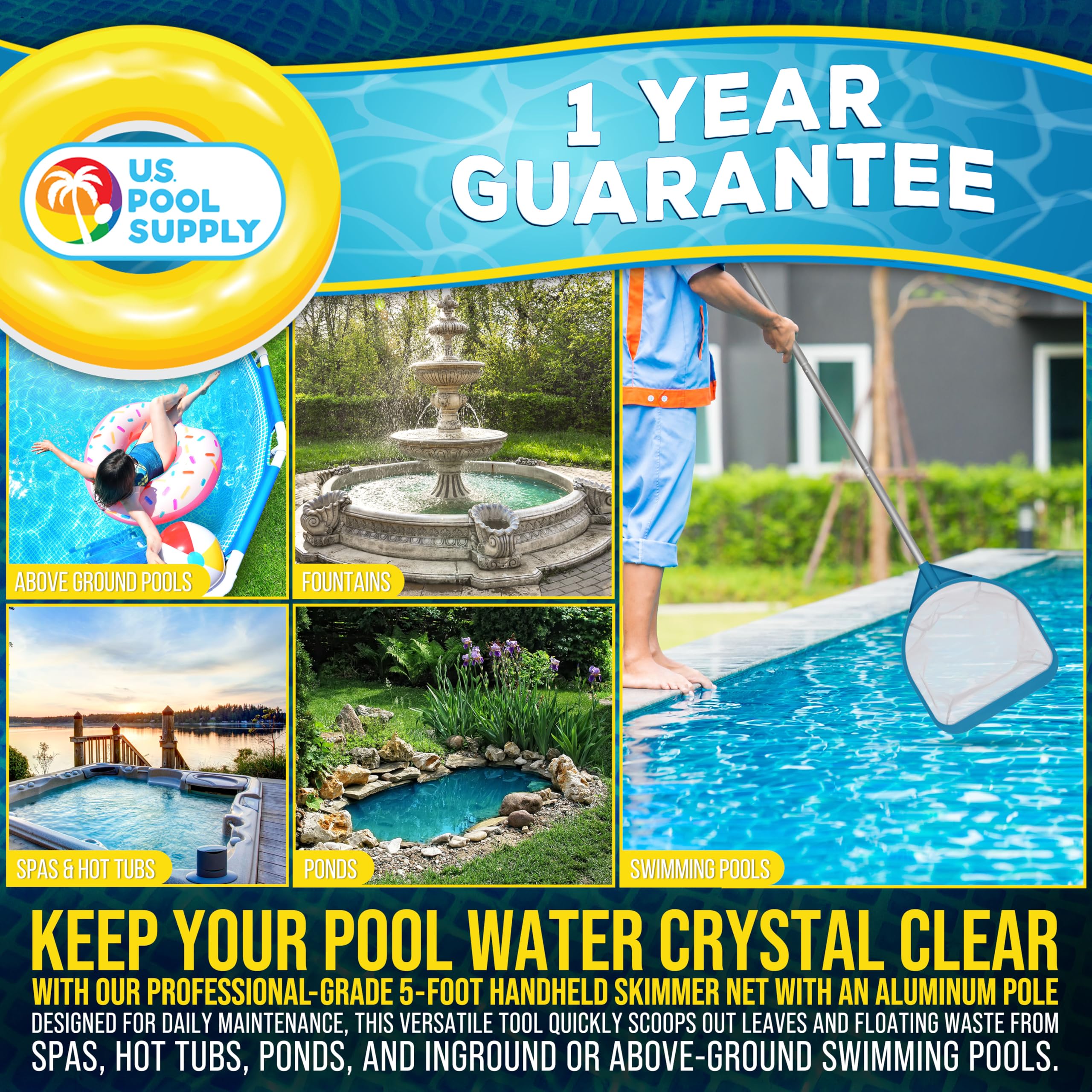 US Pool Supply skimmer net during pool cleaning action