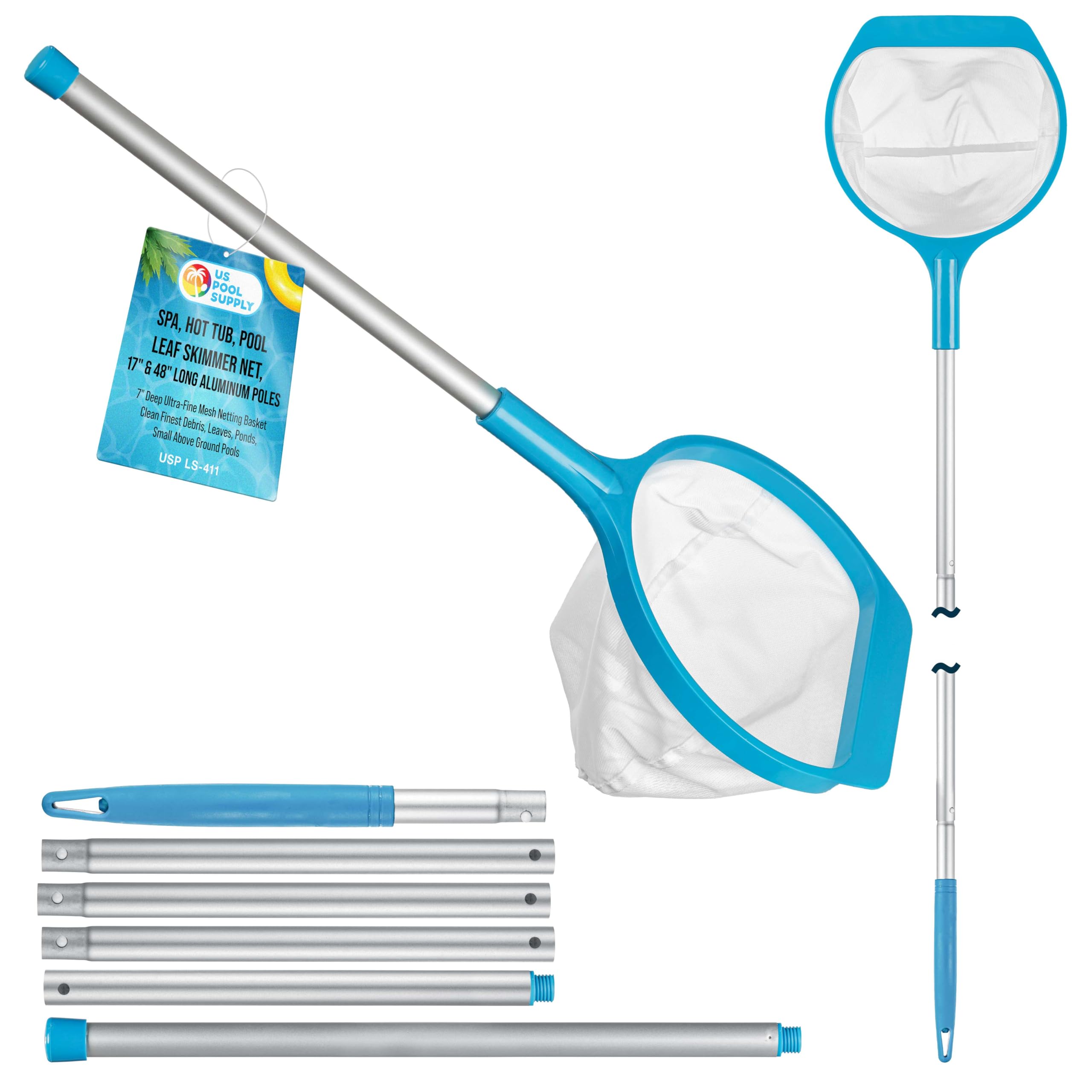 U.S. Pool Supply spa leaf skimmer net with 27-inch handheld grip for quick debris pickup.