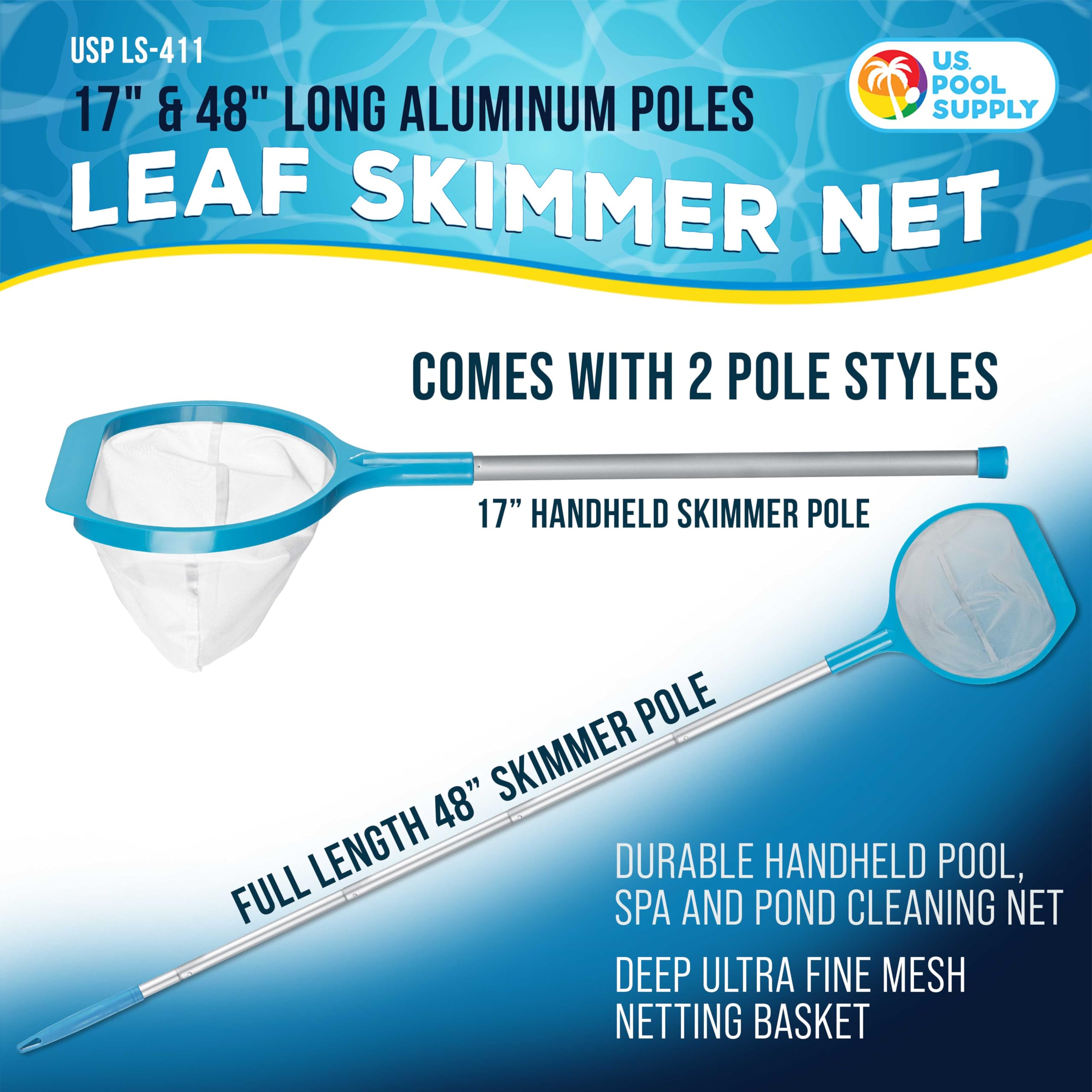 U.S. Pool Supply spa leaf skimmer net with 58-inch extension reaches hard to reach debris.