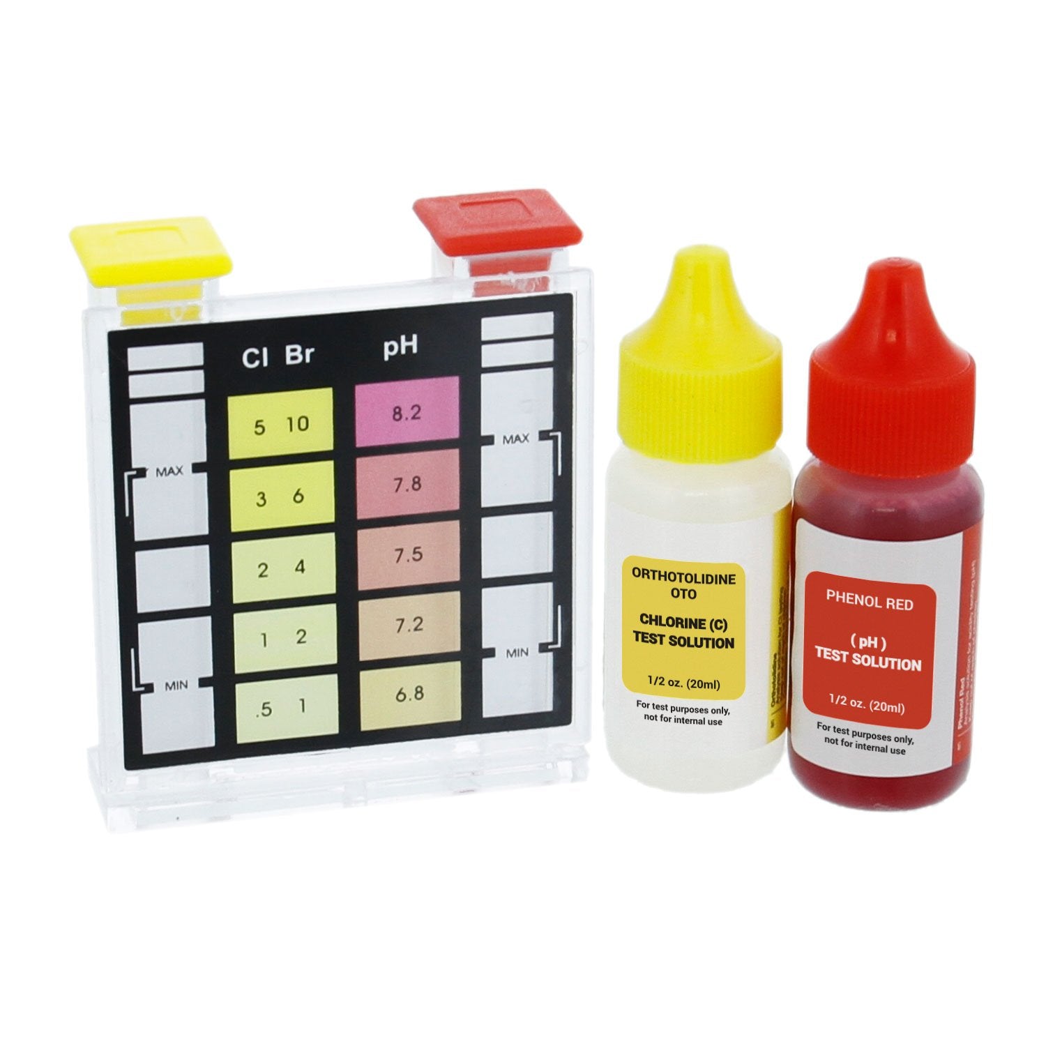 US Pool Supply 3-Way Test Kit water test block shows color scale for quick readings