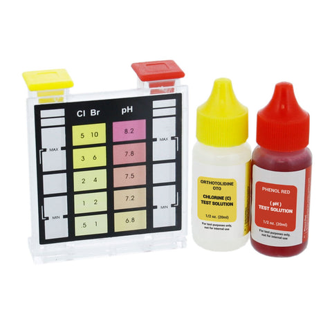 US Pool Supply 3-Way Test Kit water test block shows color scale for quick readings