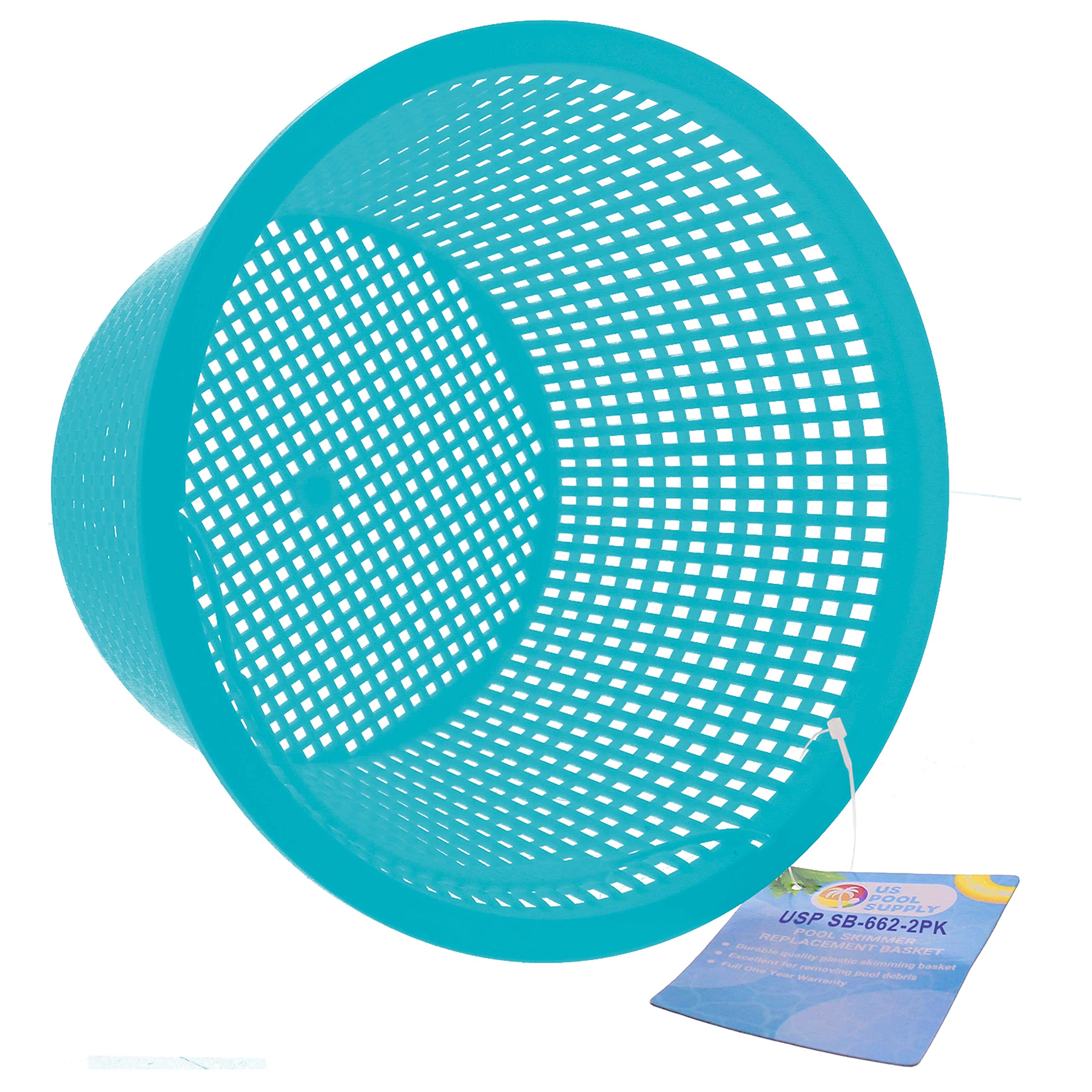 U.S. Pool Supply skimmer basket with 8-inch top, 5.5-inch bottom, and 5-inch depth dimensions.