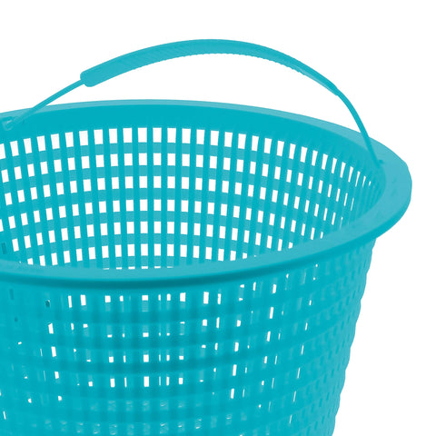 In-use shot of teal blue skimmer basket catching leaves before reaching the pump.