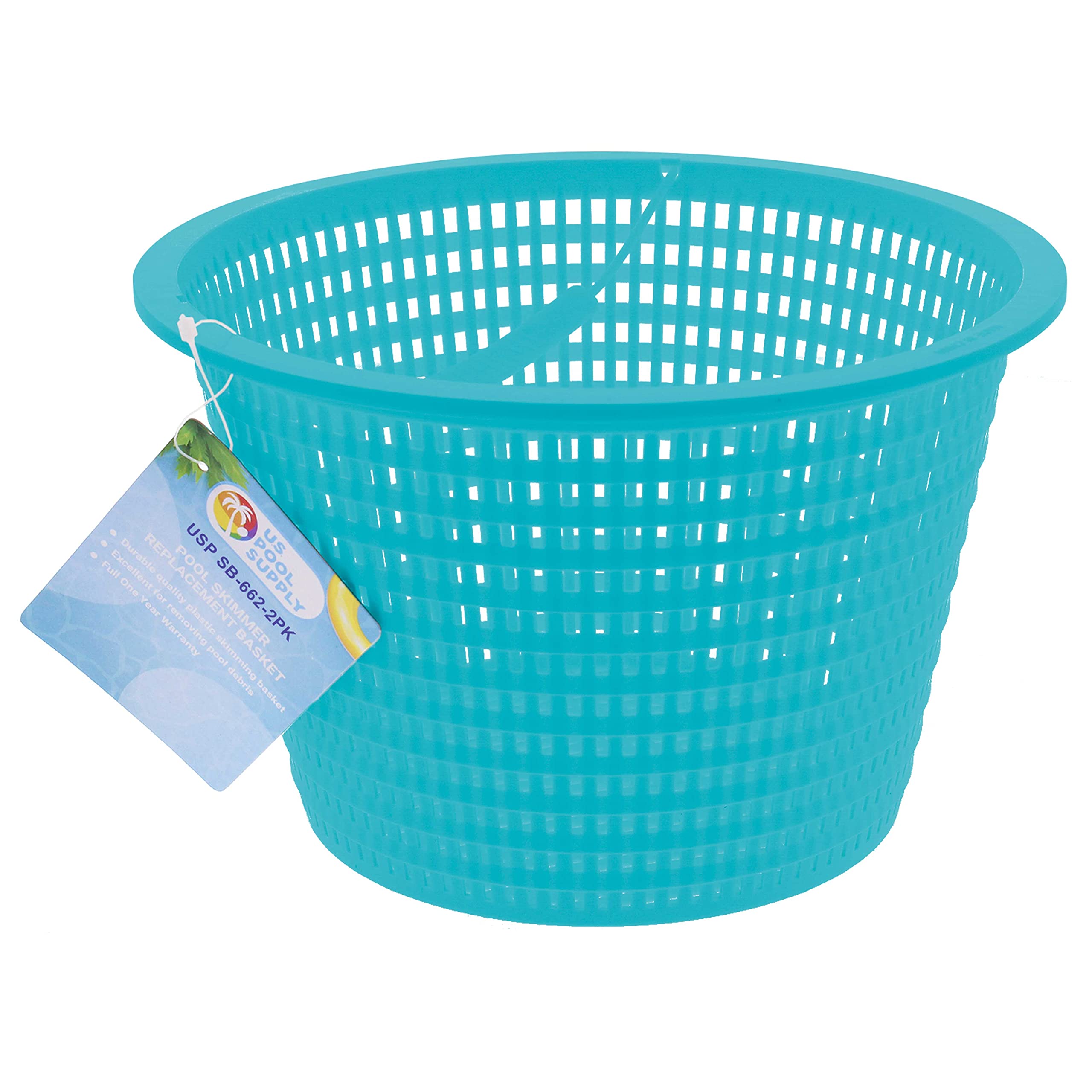 U.S. Pool Supply teal blue skimmer basket mesh close-up shows durability in chlorine.