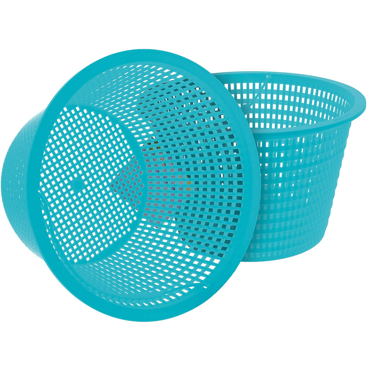 U.S. Pool Supply teal blue skimmer basket, top view, keeps leaves from clogging your filter.