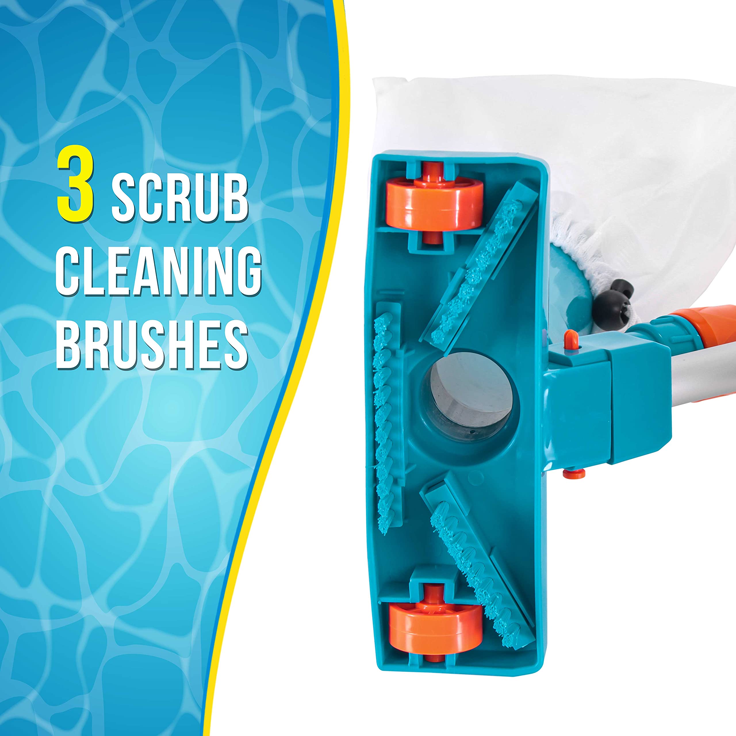 U.S. Pool Supply three-brush scrub head cleans spa surfaces.