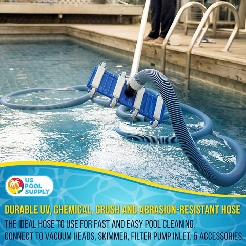 U.S. Pool Supply EVA material hose showing UV and chemical resistance for outdoor use.