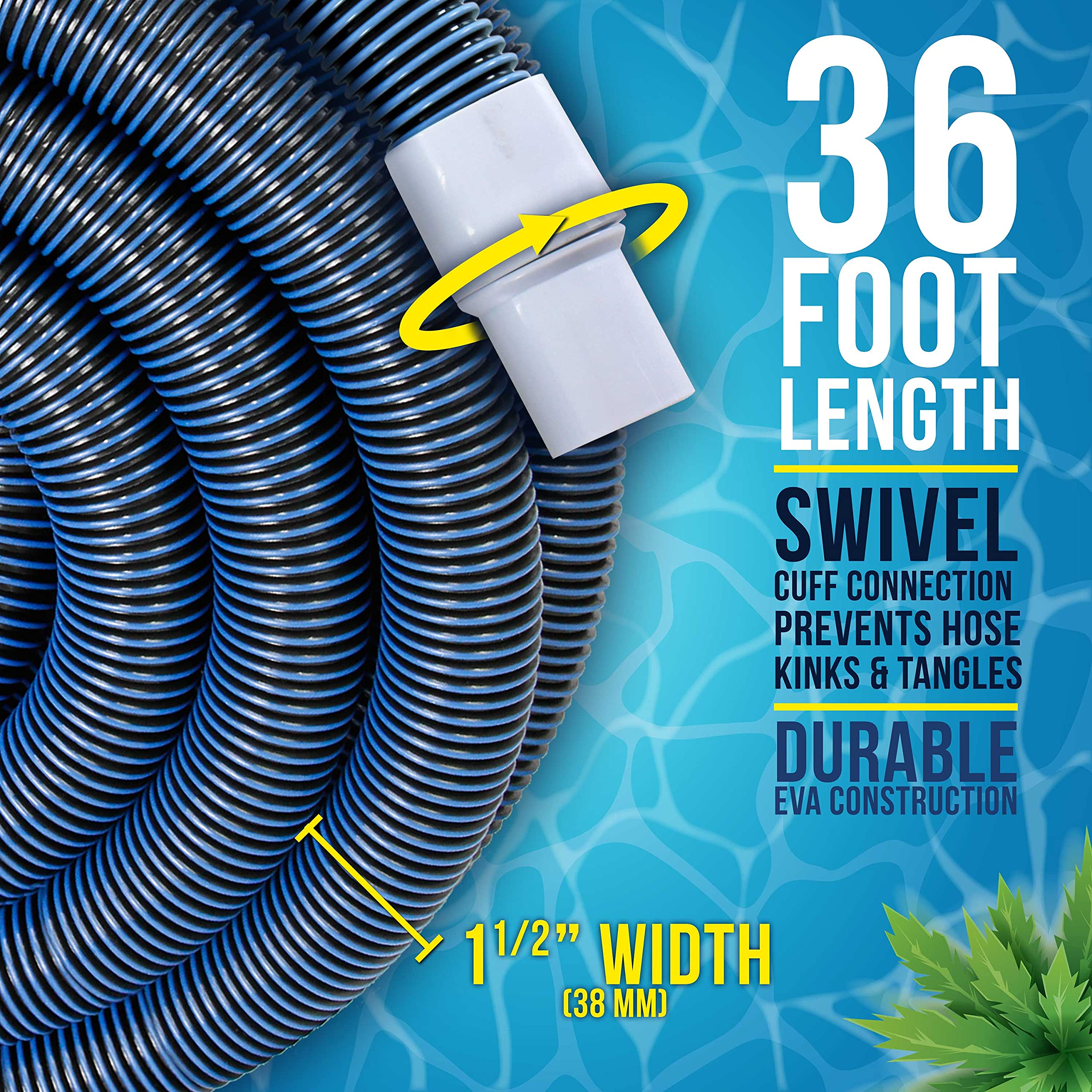 U.S. Pool Supply kink-free swivel cuff prevents tangles during pool cleaning.
