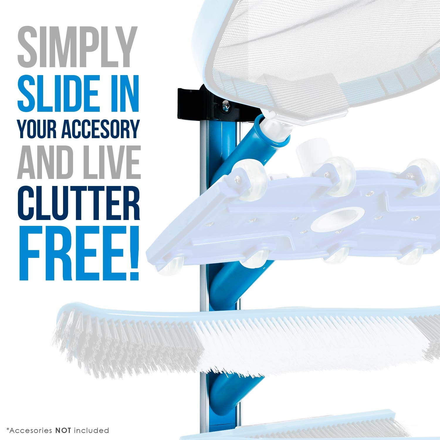 US Pool Supply vacuum hose strap storage demonstrates tangle-free organization.